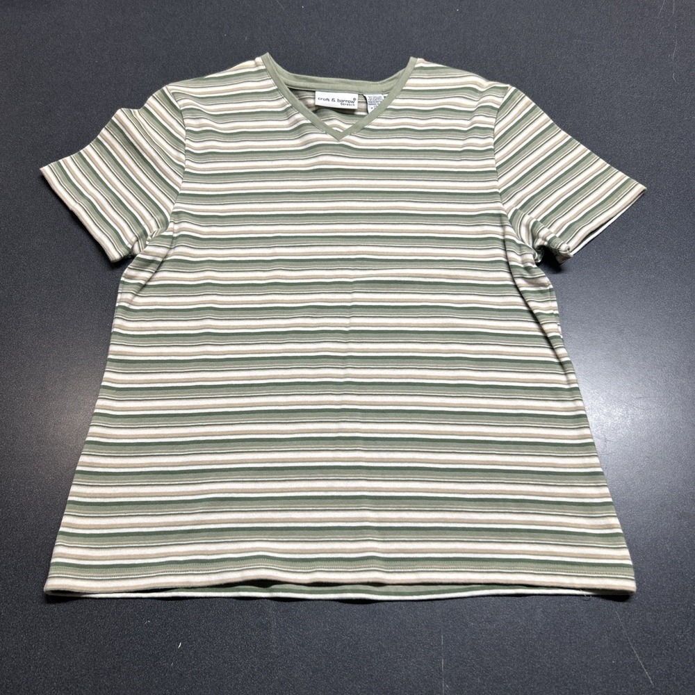 Vintage 90s Croft & Barrow Green Striped V Neck Cotton Baby Tee L